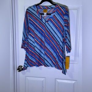 Ruby Rd. Diagonal Stripe V-Neck Top - Blue, Red, Navy